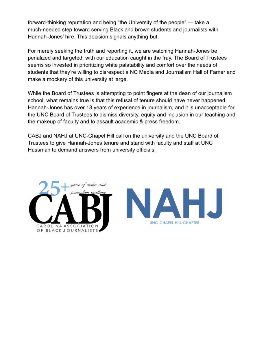 Alongside @NABJ, @CABJ_UNC & @uncnahj stand in support of @nhannahjones. We call on @UNC & the UNC BOT to grant her tenure and stand with faculty & staff at @unchussman to demand answers from University officials. Sign our petition: bit.ly/3f4Jyw9