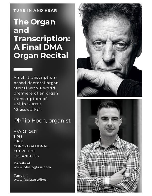 Pentecost Sunday, May 23rd - Join us as FCCLA’s Organ Scholar, Philip Hoch, offers an all-transcription based doctoral recital with a world premiere of an organ transcription of Philip Glass' plays 'Glassworks,' Franck, and Vivaldi. fccla.org/live