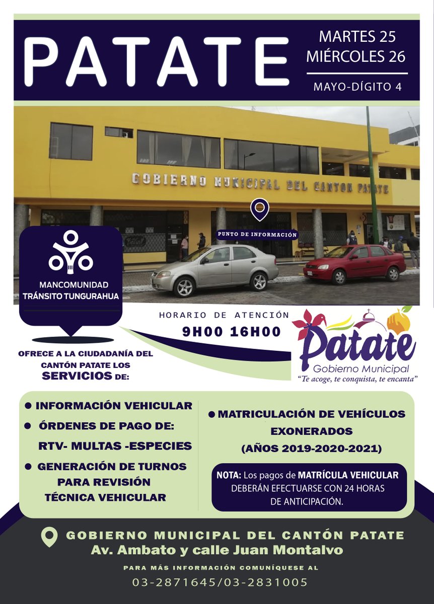 EPMTTSVT's tweet photo. ATENCIÓN #PATATE ‼️ 😊📣
 #PuntoDeInformación HABILITADO para: 
-#Generar órdenes de pago de: RTV-MULTAS-ESPECIES
-#Matricular Vehículos Exonerados (años 2019/2020/2021)
- #Información Vehicular 
-#Generar TURNOS programados con fecha y hora según tu disponibilidad de tiempo. https://t.co/QpK8GTjTKM