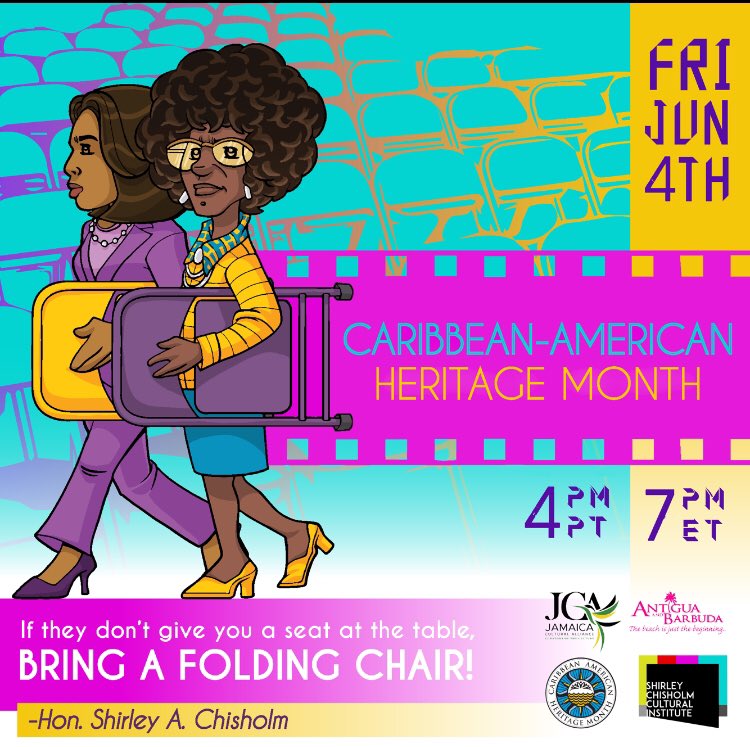 CaribLens's tweet image. Join us for the “Bring A Folding Chair”salute to the legacy of the late Hon.Shirley Chisholm and the historical election of VP Kamala Harris on Friday, June 4, 4pm PT/7pm register: See link in bio
#ShirleyChisholm
#KamalaHarris #ShirleyChisholmCulturalInstitute
#CaribbeanAmerican
