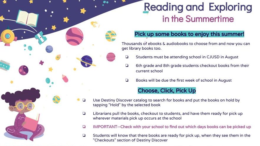 KelliVanV's tweet photo. @ColtonJUSD elementary students have many ways to read over summer-ebooks audiobooks & library books! Checkout some books to enjoy over summer. Want library books? Ask your school for pickup dates. More info https://t.co/GpGjDsUJGk #CJUSDReads #CJUSDLibraries @HyderEdD @CJUSDESD https://t.co/SOzfXKOLMq
