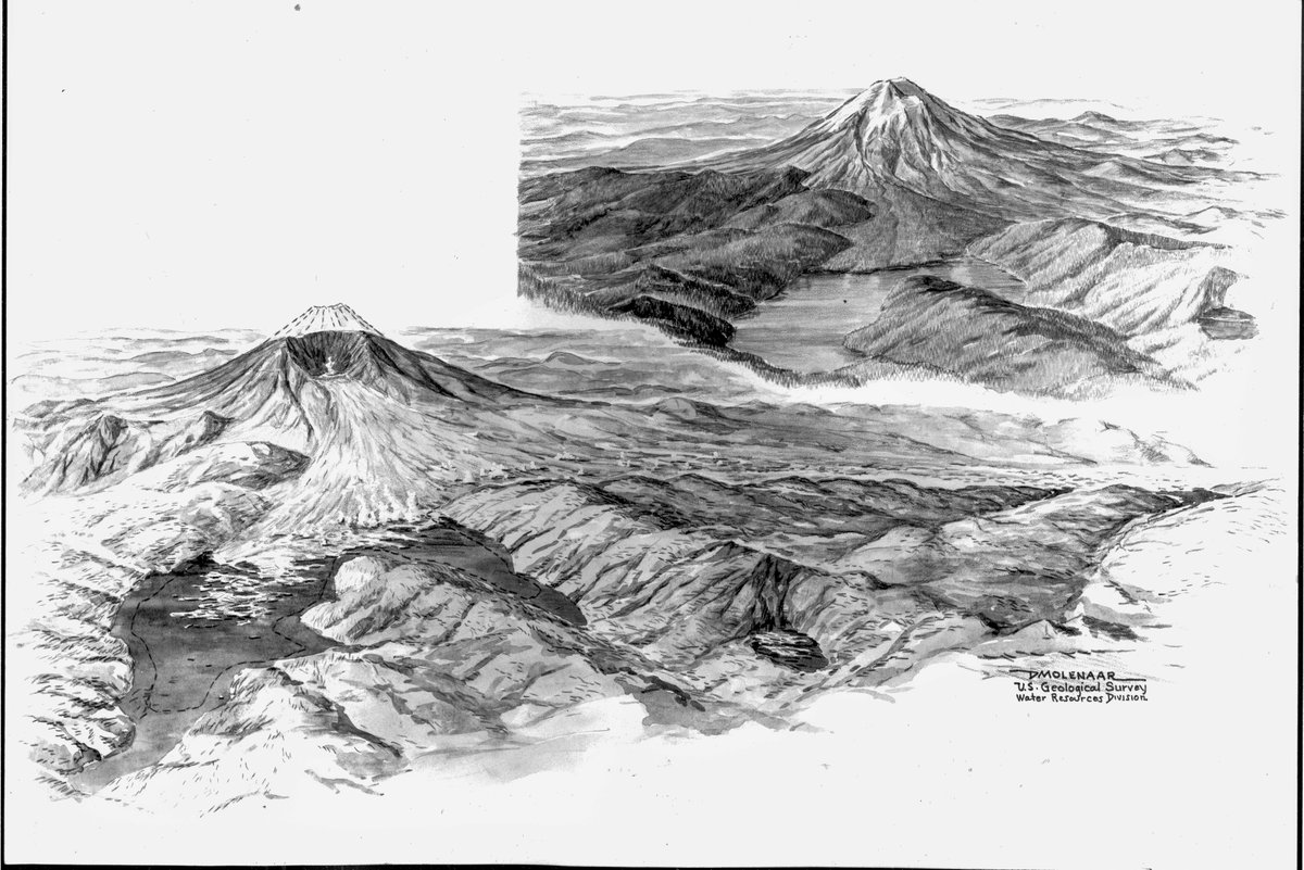 USGSVolcanoes's tweet photo. Cascade #volcanoes at normal background levels of activity this week https://t.co/V7JeecpItM. #MountStHelens before the May 18, 1980 #eruption (upper right) and after (lower left), painted by USGS #scientist, #artist, and legendary #mountaineer Dee Molenaar. #MSH41 #VolcanoUpdate https://t.co/xTTehldxw4