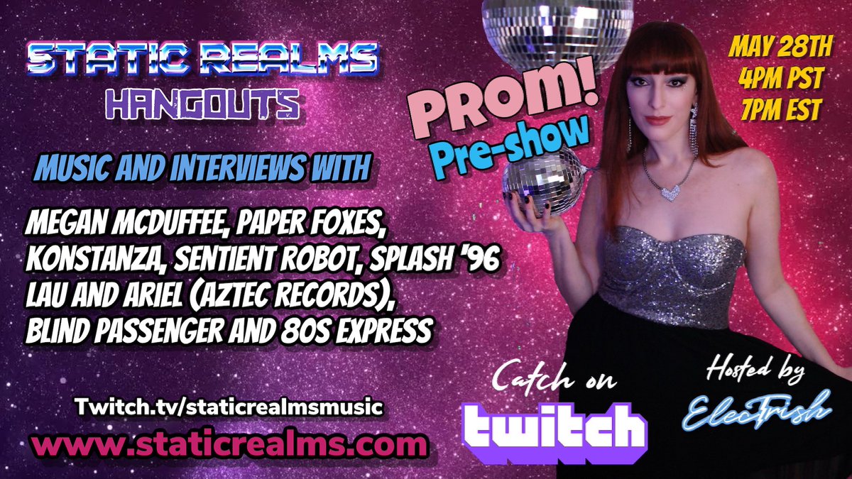staticrealms's tweet photo. The Prom Preshow on Static Realms Hangouts is May 28th at 4pm PST/7pm PST!!
Featuring music videos and interviews with amazing artists!
Streaming an hour before Static Realms Music Hour on https://t.co/KomsCkf7h4
#synthwave #synthfam #synthstream #retrowave #interviews https://t.co/wjteb3K2Kt
