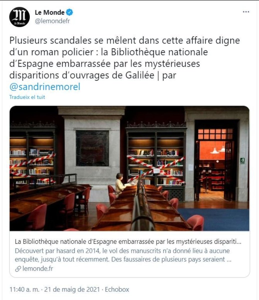 muscluman's tweet photo. Per saber el que passa a Espanya has de llegir diaris forasters.

Le Monde. Obres originals de Galileo desapareixen de la biblioteca nacional Ñ. https://t.co/111mxLIaZO