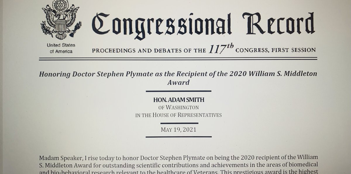 Congrats to VA Researcher &amp; Veteran Dr. Stephen Plymate, who got a well-deserved shout-out from the House of Representatives for his work on prostate cancer! Woohoo!