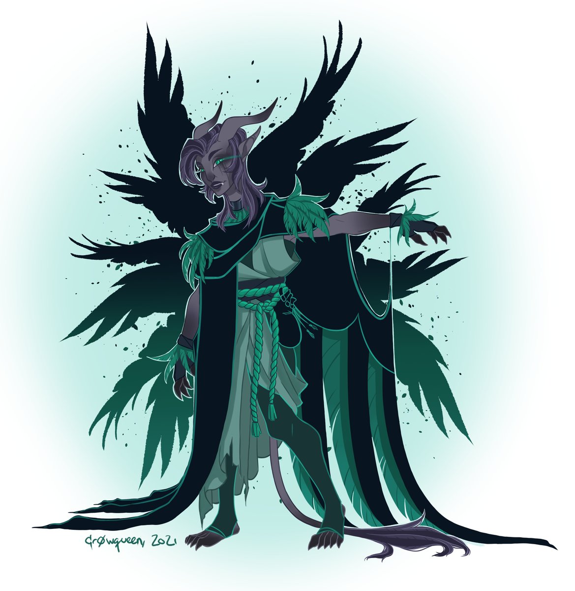 cr0wqueen's tweet photo. Nothing like taking an art hiatus and coming back strong with a new DnD character, am I right?

This is Folly! She's a Swarmkeeper Ranger and possibly the most self-indulgent character I've made thus far, being a combo of my most favorite things: tiefs and crows 💖
#dndart https://t.co/mt368L0HK2