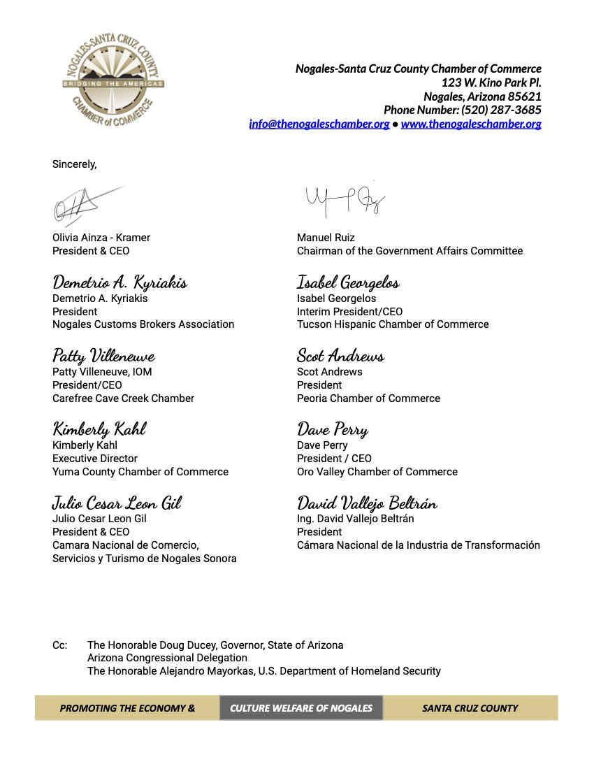 NogalesChamber's tweet photo. FOR IMMEDIATE RELEASE: Arizona Chamber's of Commerce and Business Organizations Urge White House Officials to Remove Border Restrictions 🇲🇽🇺🇸
Read more at ➡️ https://t.co/dHL8hUxBGz #SupportTrade #InternationalTravel #LetsGoThere https://t.co/5vAM7g5JPF