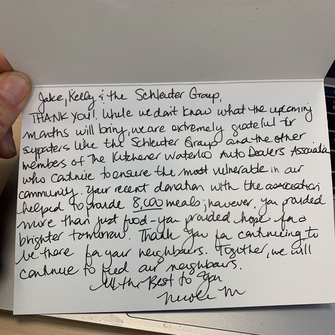 schluetergroup's tweet image. A few weeks ago the K-W Automobile Dealers Association made a generous donation to the Food Bank of Waterloo Region.  Today we received this lovely thank-you note 😊   🍞 🍏 
#feedWR #schlueterhyundai #genesiskw #supportlocal @FoodBankWatReg