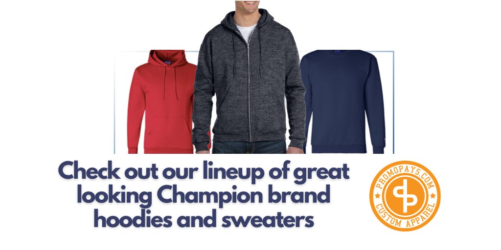 Promopays's tweet photo. #Champion Athletic Apparel is now available at @Promopays You'll find this iconic sports brand in a range of sweaters and hoodies ready to customize with your unique design or logo: https://t.co/YmrJjkGKED https://t.co/7x71yL7JVY