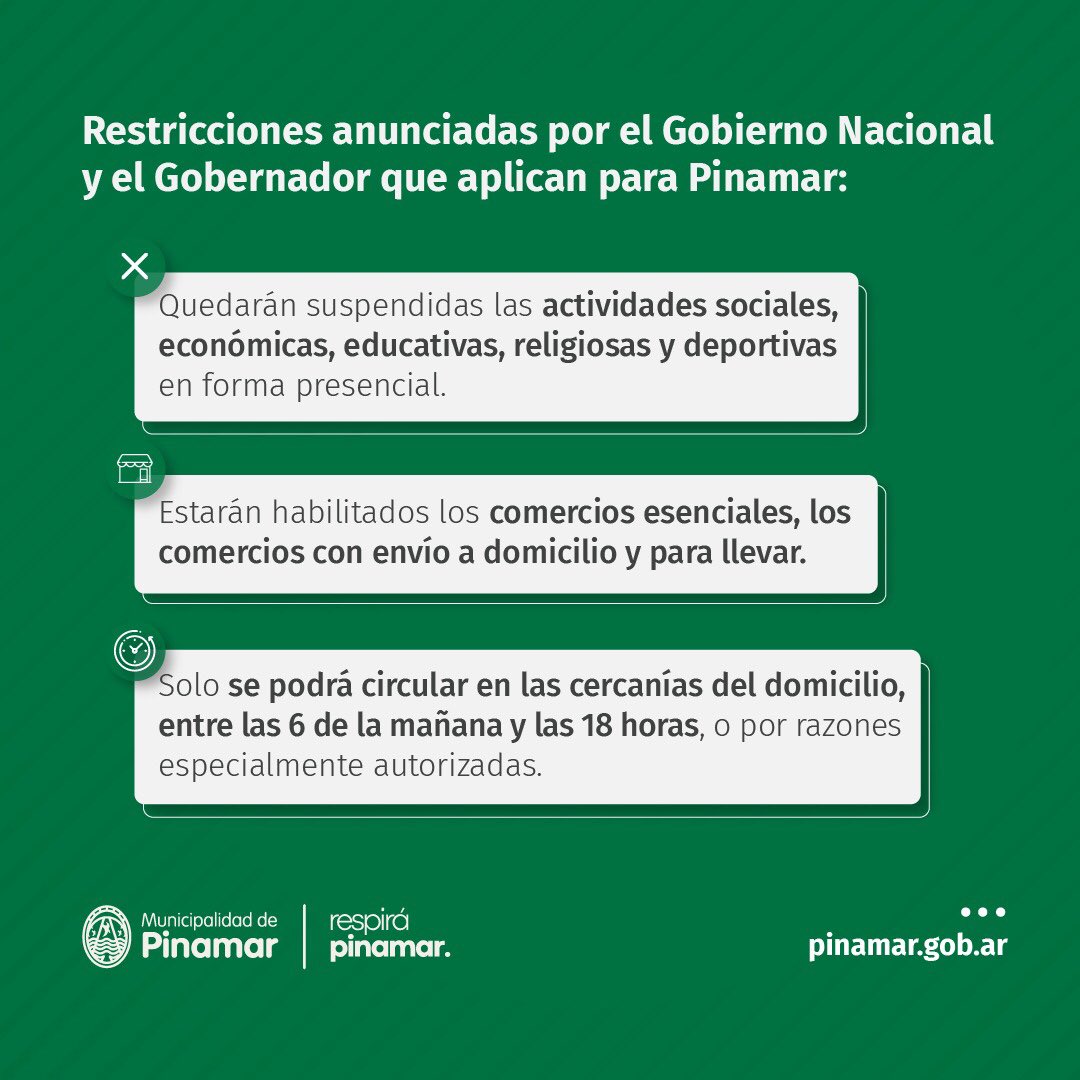 En función del nuevo confinamiento implementado por el Presidente Alberto Fernández y el Gobernador Axel Kicillof, queremos informar a la comunidad que a partir de mañana habrá nuevas restricciones.