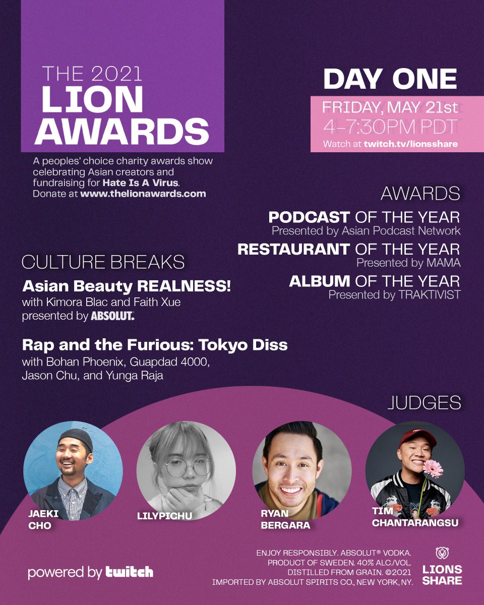 🦁 THE SHOW STARTS TONIGHT🦁

Vote with 
@JaekiCho, <a href="/LilyPichu/">lily</a>, <a href="/ryansbergara/">Ryan Bergara</a>, and <a href="/TimothyDeLaG/">Tim Chantarangsu</a> at 4PM PP/7 PM ET at twitch.tv/lionsshare

Donate to <a href="/hateisavirus_/">HATEISAVIRUS</a>: thelionawards.com

#TheLIONAWARDS