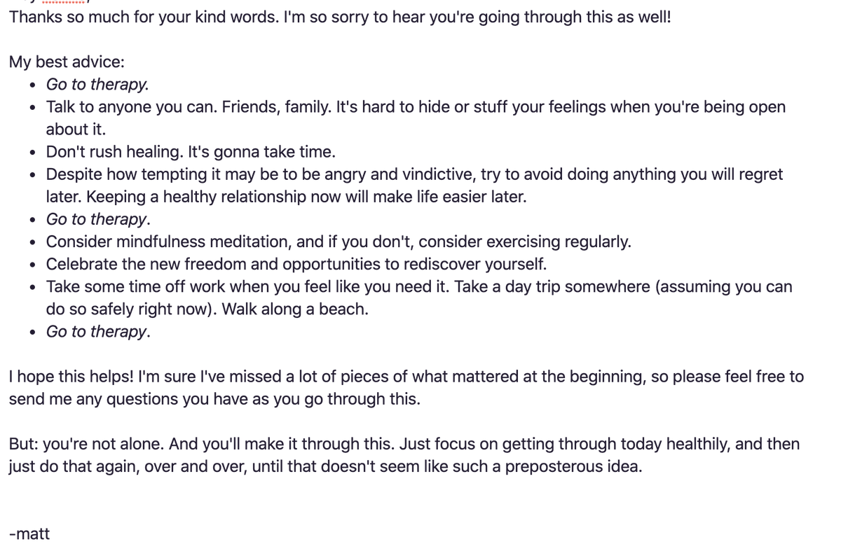 stauffermatt's tweet image. After my last newsletter, a few folks out sharing that they&apos;ve been through divorce recently; one was just a few weeks before. Here&apos;s what I wrote back, in case it&apos;s helpful to anyone else.
