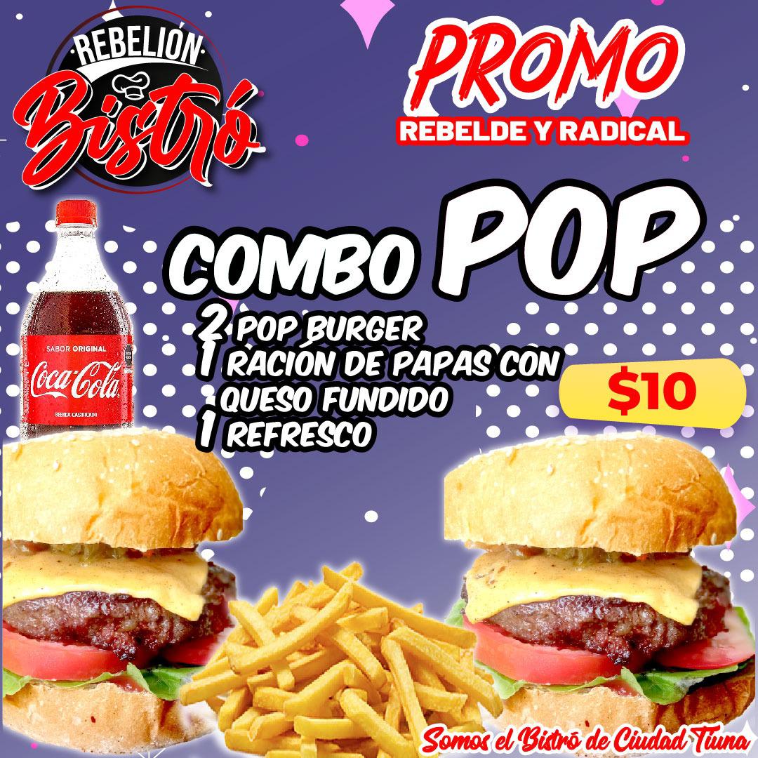 Atención

PROMO REBELDE Y RADICAL.

Combo POP

2- Pop Burguer.
1- Ración de papas con queso fundido.
1- Refresco

#DeliveryGratis en #FuerteTiuna #CiudadTiuna 
#Parrilla #Tequeños #Salsas #ComidaGourmet #Restaurante #PapasFritas #ComidaUrbana