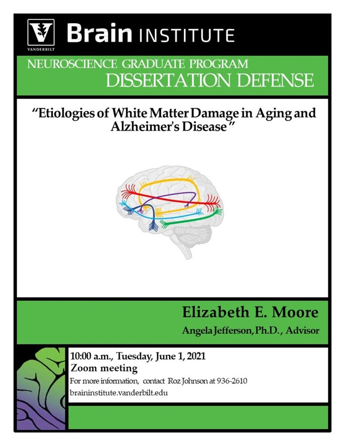VanderbiltMSTP's tweet photo. Join us next Tuesday, June 1 at 10:00am CT for @EMoore1225's Dissertation Defense! She will present "Etiologies of White Matter Damage in Aging and Alzheimer's Disease" completed in the lab of @AJtheScientist through @VanderbiltAlz and @VanderbiltBrain! DM for Zoom info. https://t.co/drQaamhFKw