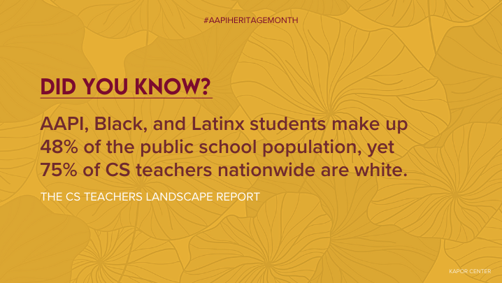 AAPI, Black, &amp; Latinx students make up 48% of the public school population, but a recent report found 75% of CS teachers nationwide are white. As classrooms become more diverse, we need a CS teacher workforce that reflects the faces of our students. kaporcenter.org/the-computer-s…