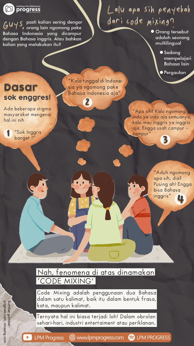lpm_progress's tweet photo. [INFOGRAFIS] 
Pernah dengar gak sih orang yang berkomunikasi dengan bahasa campuran (B. Indonesia-B. Inggris)? Atau mungkin kalian pernah melakukan hal itu?

Fenomena ini bisa disebut dengan istilah "Code Mixing". Lalu apasih penyebab dari code mixing ini? 

#CodeMixing https://t.co/p0UNjIJTw9