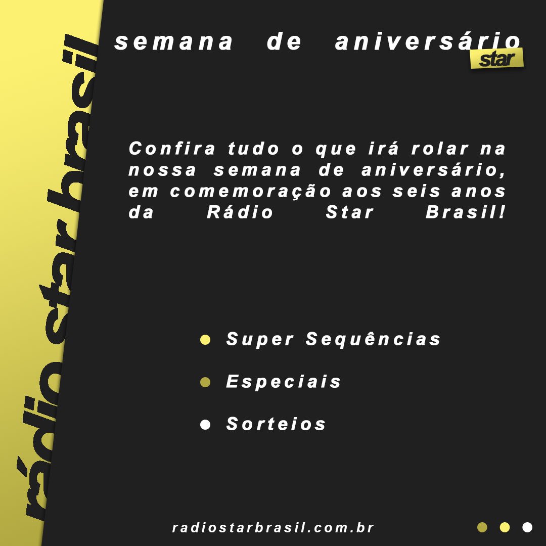 updatecharts's tweet photo. ⭐ 6 ANOS DE RADIO STAR ⭐

Vem aí a semana de aniversário da Rádio Star Brasil e para comemorar essa data tão incrível nós preparamos uma grade SURREAL pra vocês ❤️

Animados pelas novidades? 
#6ANOSRADIOSTAR
#6YEARSSTARBRAZIL https://t.co/bRw1iRPr3F