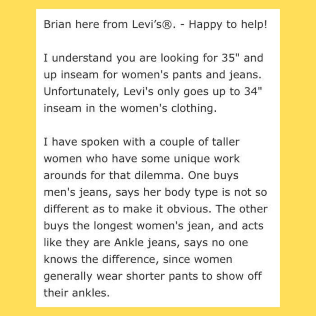 VChevis's tweet photo. @LEVIS @Levis_UK is this customer service mansplaining style what you consider to be acceptable? Members of TALLternative Retail have a tip for you. (When we’re not too busy flashing our ankles.) Dress us. Don’t patronise us. 

Happy to help.
#levis #levisjeans #TallWoman https://t.co/a3MXSIGEV6