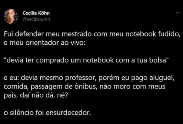 _JanedeOliveira's tweet photo. O salário de um profissional que produz pesquisa de mestrado no Brasil é R$1.200,00. Sem férias, sem 13°, sem direitos trabalhistas e a dedicação exclusiva é obrigatória. Não existe auxílio pra pesquisa ou moradia, nem vale alimentação, nem vale transporte, nem plano de saúde. https://t.co/vkd3T8ANWL