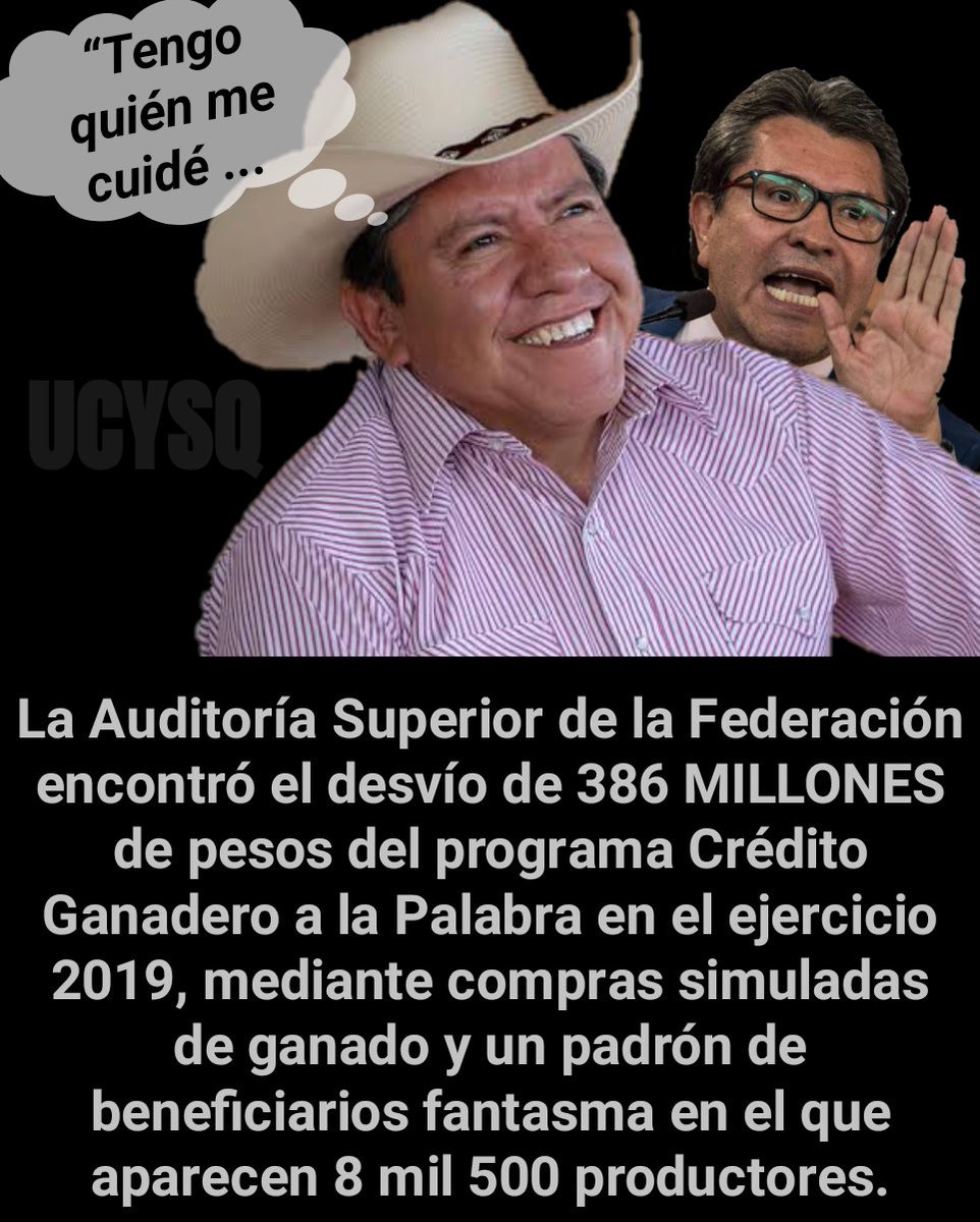 MiticoArce's tweet photo. UNA FINA FICHITA

El candi a Gober por #Zacatecas, David Monreal, desvío 386 MILLONES DE PESOS del programa Crédito Ganadero a la Palabra en el ejercicio 2019, con un padrón d beneficiarios fantasma en el q aparecen 8 mil 500 productores. #En15ALasUrnas 👇
https://t.co/eRwJqTYwsr https://t.co/S4NW8S81xa
