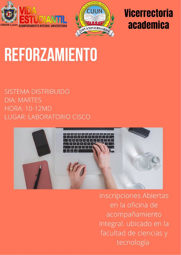 La Asociación de Estudiantes de la Facultad de Ciencias y Tecnología junto al Acompañamiento Academico, El CUUN y Vicerrectoria Académica te invitan a participar de los cursos de reforzamiento de Sistema Distribuidos. #CUUN1914 #VidaEstudiantil <a href="/CUUNUNAN1914/">CUUN UNAN-León</a>