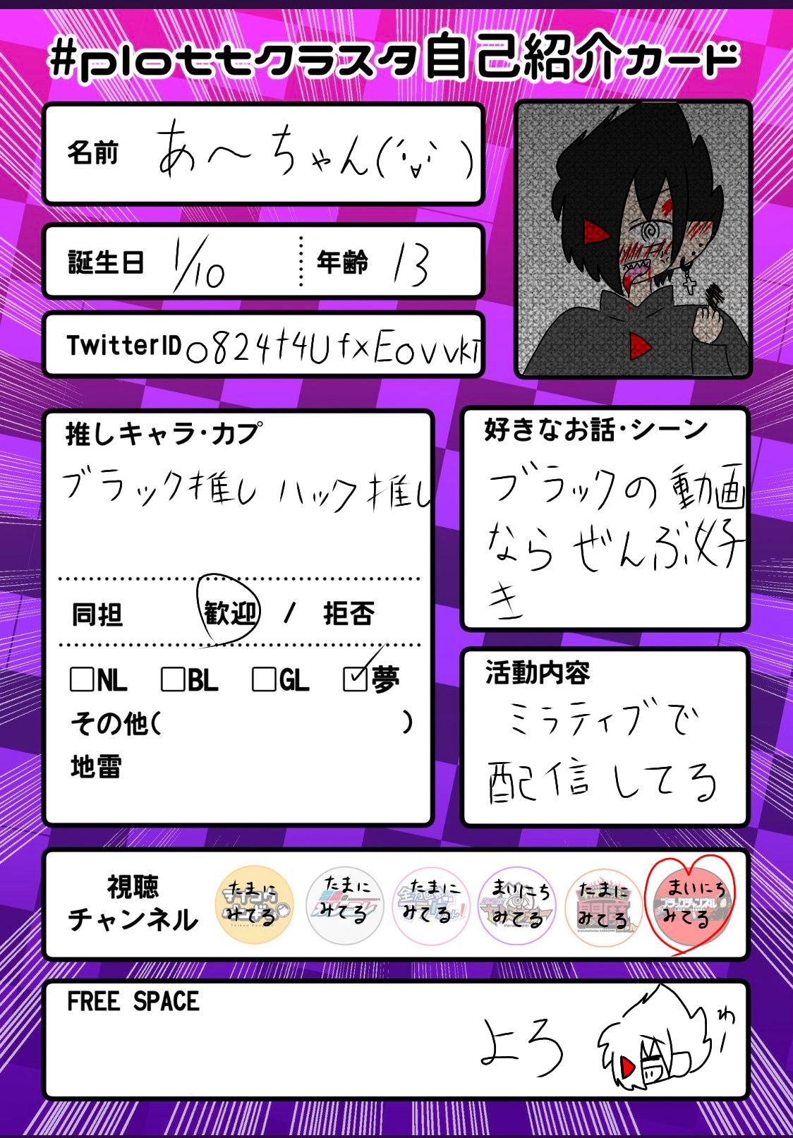 あ ちゃん Plottアニメ自己紹介カード Plotの自己紹介カードあるとは思ってなかった 笑 私って夢女子なのかな T Co Ai4gpun31n Twitter