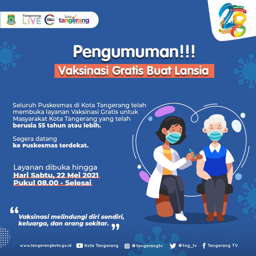#sobattangerang - Bagi masyarakat Kota Tangerang yang telah berusia 55 tahun atau lebih atau Pelaku UKM, mari manfaatkan vaksinasi Covid-19 GRATIS dengan datang langsung ke puskesmas/Kelurahan terdekat.

 #kotatangerang #tangeranglive #tangerangayo #vaksin #lansia #UKM