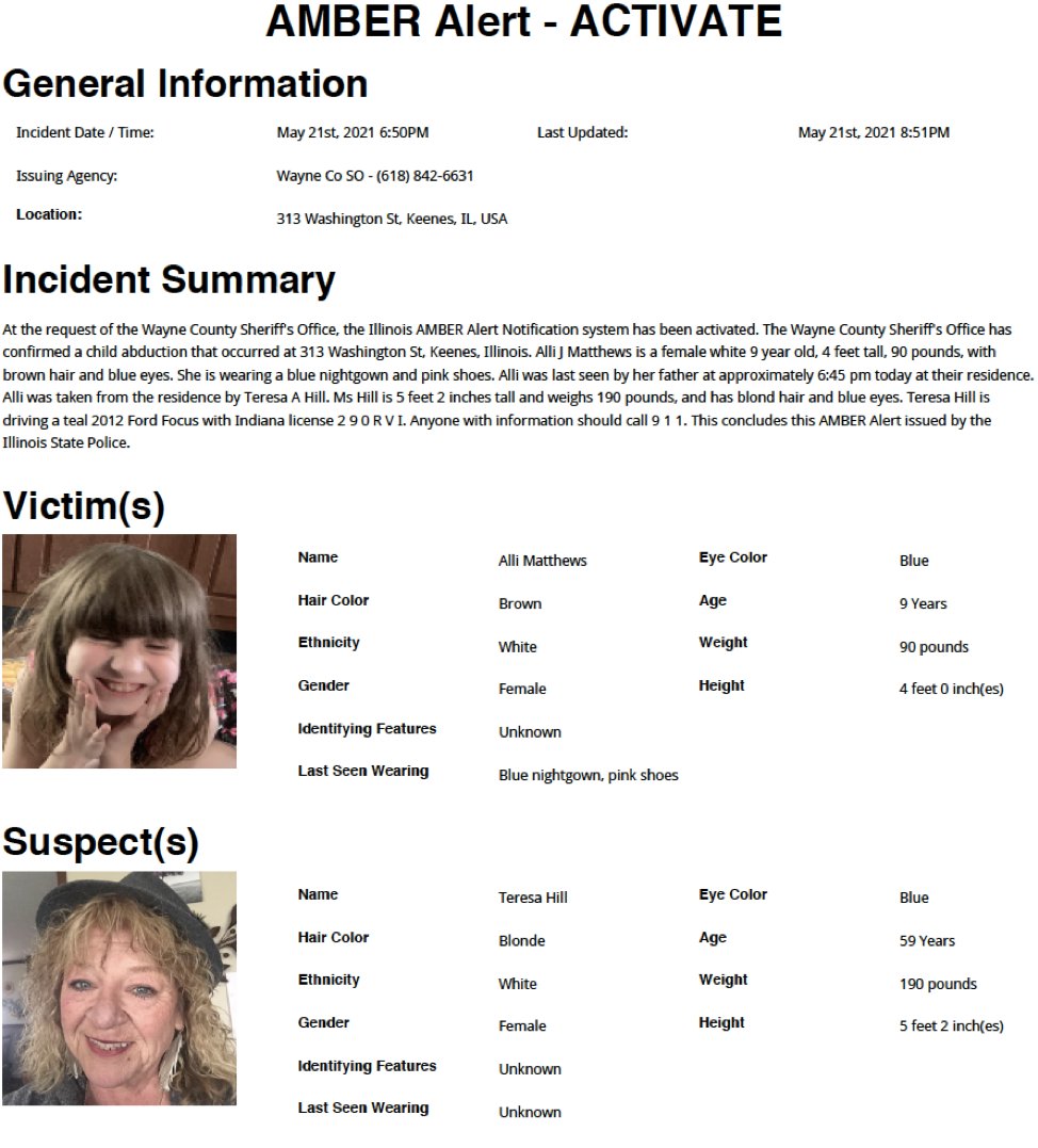 ISPAlerting's tweet image. At the request of the Wayne County Sheriffs Office, the Illinois AMBER Alert system has been activated.