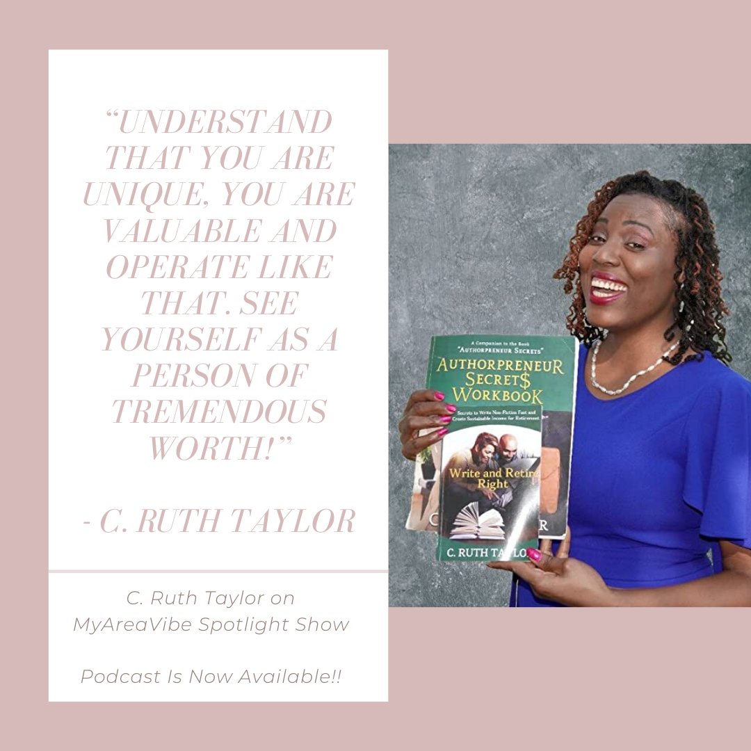 myareavibe's tweet photo. In this episode, we have @cameka12 C. Ruth Taylor as our special guest! She is an Authorpreneurship specialist and bestselling author of over 20 books. 

Podcast Link for Apple Podcast, Spotify &amp; Google Podcast: https://t.co/H0BWMangmX

#books #author #africapilot #burundimusic https://t.co/fgCNhDVVBb