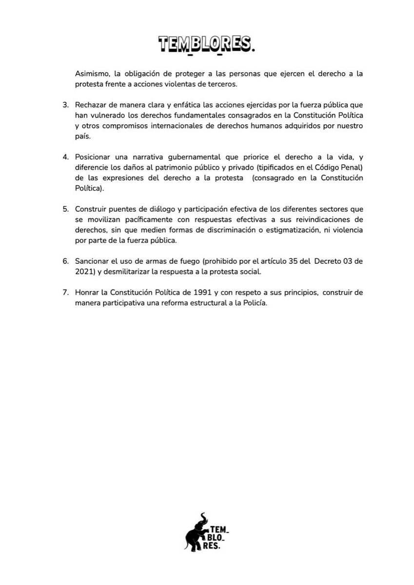 TembloresOng's tweet photo. #Atencion 

👉 Carta abierta al presidente @IvanDuque. 

Estás son nuestras solicitudes. Acá nuestro comunicado de prensa actualizado con los datos de violencia por parte de la fuerza pública. 👇 https://t.co/GY3fnUL3rY