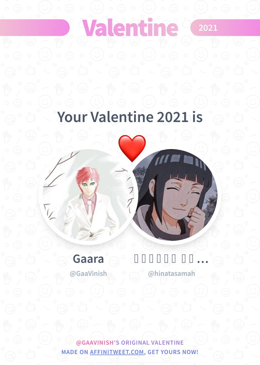 ✨ Valentine

This year you're mine hinatasamah! ❤️
And you, whom will be yours?

➡️ affinitweet.com/valentine