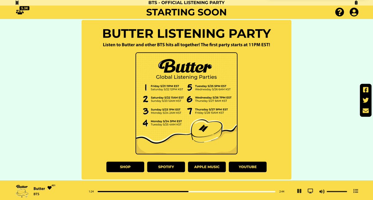 BTSdailyinfo's tweet photo. The 'Butter' Global Listening Party is starting soon (12PM KST)! Click the link to log in with your Spotify or Apple Music account!

🔗 (https://t.co/NGofsJZlcT) https://t.co/UMVP3Po9V9