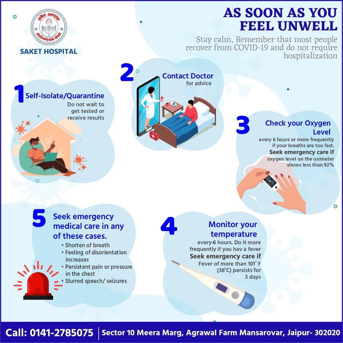 In case you experience unease or feel unwell, just stay calm and follow the simple steps illustrated below in the image. Remember, majority of people get cured from Covid-19 without any hospitalization. Stay Calm, Stay Safe
#SaketHospital #Stayhomesatysafe #affordablehealthcare
