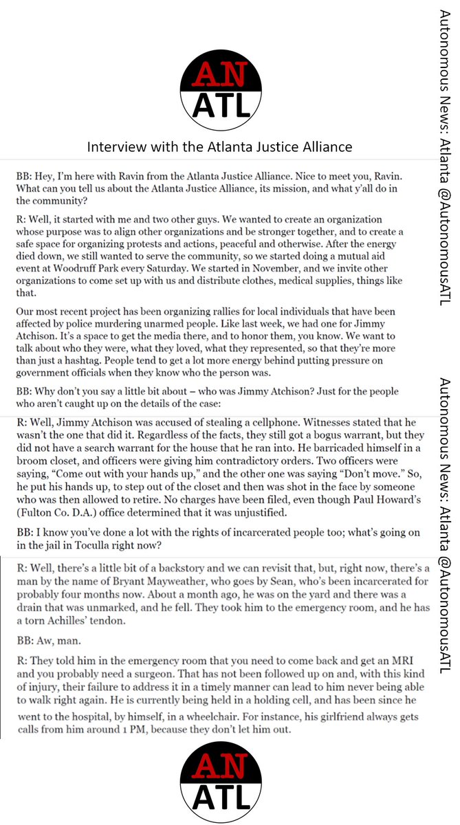 AutonomousATL's tweet image. In our interview with the @AtlantaJustice Alliance, we talked about their organization, the cases of Jimmy Atchison and Bryant Mayweather, and the challenges of organizing for social justice in small towns like Toccoa, GA. Read here: