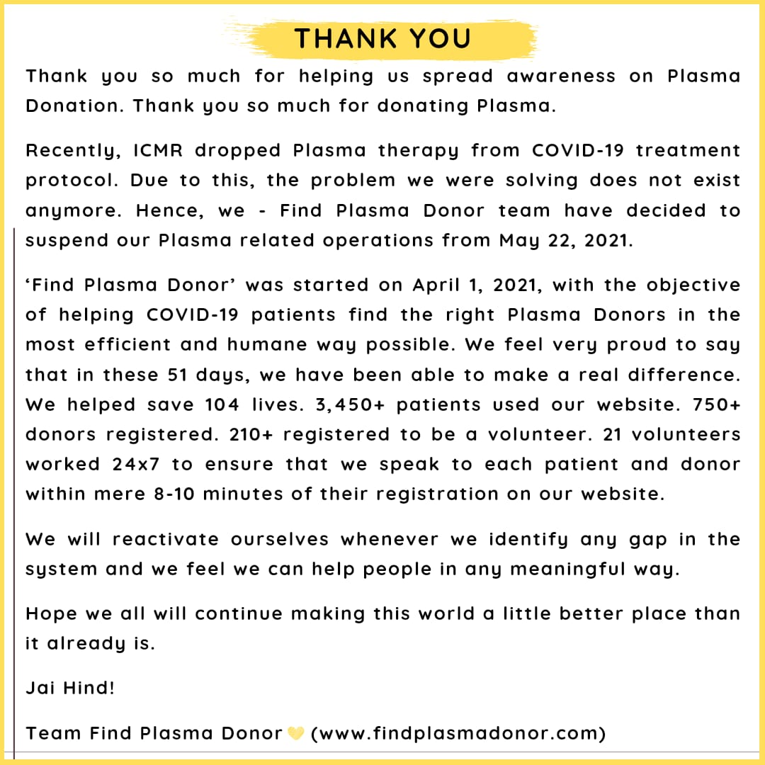 THANK YOU

#Covid_19 #CovidIndia #SecondWave #findplasmadonor #PlasmaDonor #coronavirus
