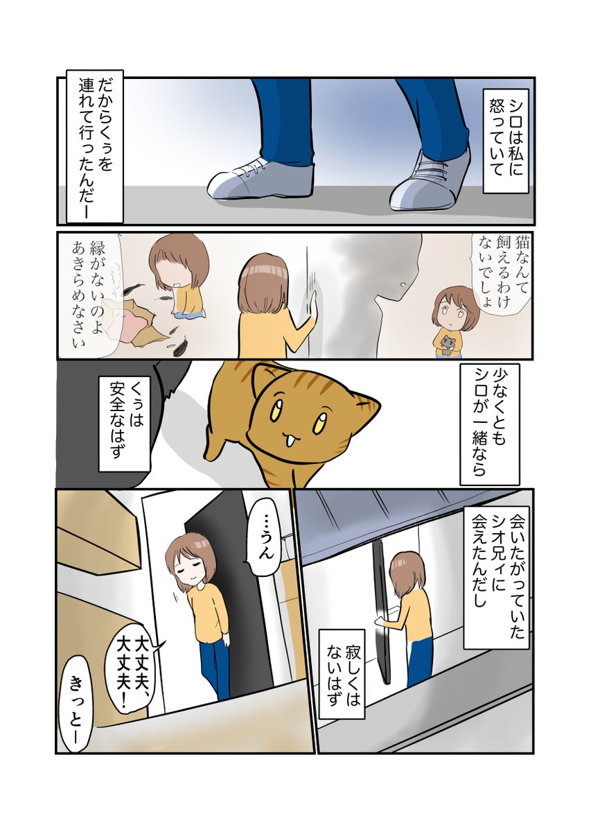 #スパダリにゃんこ 
#くぅの日常 第77話 
別離

スーパーダーリンにゃんこのくぅと飼い主しずくの日常マンガ。

しずくの家を出たくぅとシオ兄貴。
くぅの不在に気がついたしずくは…。

#創作マンガ #マンガが読めるハッシュタグ 