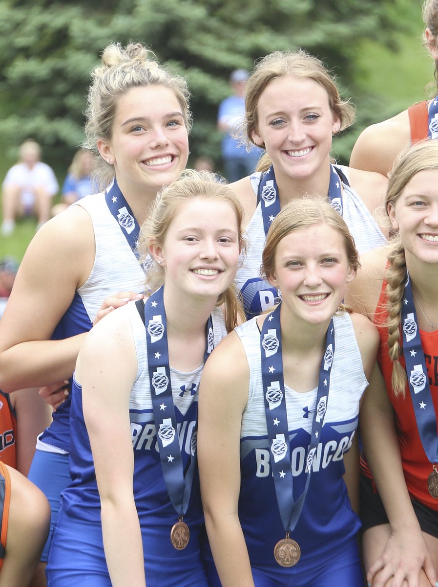 TR: Molly Prochaska, Lillian Butzke, <a href="/HirschfeldKate/">kate hirschfeld</a>, <a href="/DayleeDey/">Daylee Dey</a>, <a href="/cpsbroncos/">Centennial School</a>, sixth in the Class C 4x800 relay #broncoblue #runningatstate