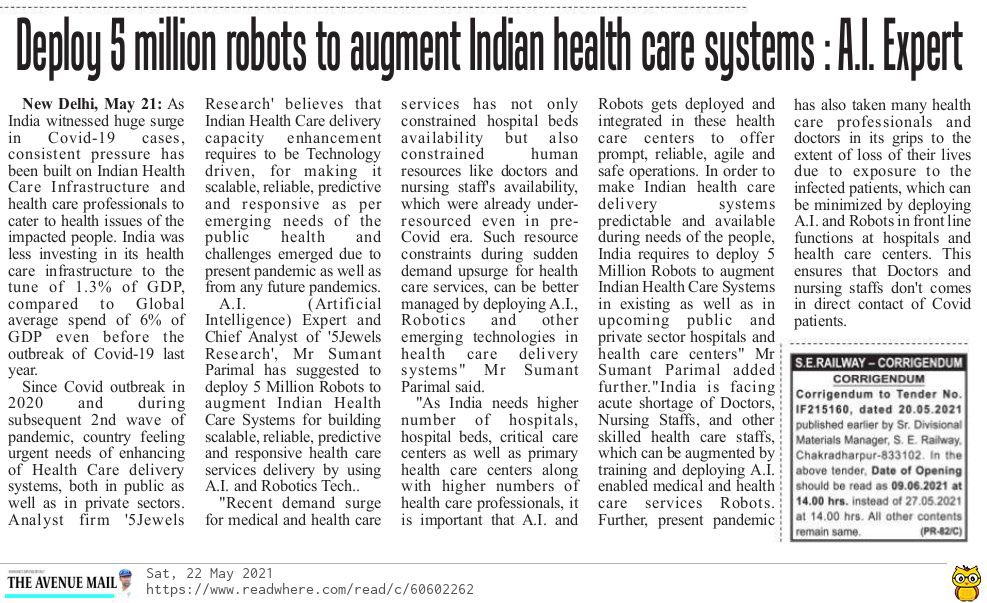 parimalsumant's tweet photo. "India requires to deploy 5 Million Robots to augment Indian Health Care Systems"-#SumantParimal #SUMO My Press Statement Coverage by #TheAvenueMail @5JewelsResearch @PMOIndia @drharshvardhan @mangalpandeybjp @rsprasad @ANI @nitin_gadkari https://t.co/22m3RdAI5u