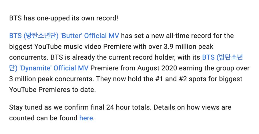 BTSdailyinfo's tweet photo. [#NEWS] 210522 @BTS_twt 

#BTS breaks their own record for the biggest music video Premiere on YouTube 

🔗 (https://t.co/Xyp6A0kaJU)

#BTS_Butter https://t.co/upY97AtEK8