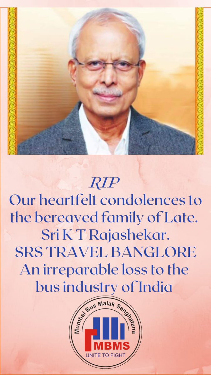MBMS (@mbmsbus) on Twitter photo With profound sense of grief and sadness it is shocking to inform that Shri K.T.Rajashekara , owner of SRS Travels & Chairman of Bus & Car Operators Confederation of India <a href="/boci_newdelhi/">BOCI</a> has left us for heavenly abode..Condolences to the bereaved Family.
๐เคญเคพเคตเคชเฅเคฐเฅเคฃ เคถเฅเคฐเคฆเฅเคงเคพเคเคเคฒเฅ ๐ With profound sense of grief and sadness it is shocking to inform that Shri K.T.Rajashekara , owner of SRS Travels & Chairman of Bus & Car Operators Confederation of India <a href="/boci_newdelhi/">BOCI</a> has left us for heavenly abode..Condolences to the bereaved Family.
๐เคญเคพเคตเคชเฅเคฐเฅเคฃ เคถเฅเคฐเคฆเฅเคงเคพเคเคเคฒเฅ ๐