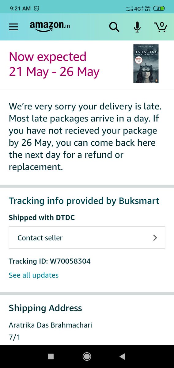 RatriDB's tweet photo. Had placed an order with @amazonIN on 2 May. It was supposed to be delivered latest by 20 May! This is wat it's showing now! It was a prepaid order. There is no tracking info available, even on the @DTDC_courier website. https://t.co/EhycspJfII