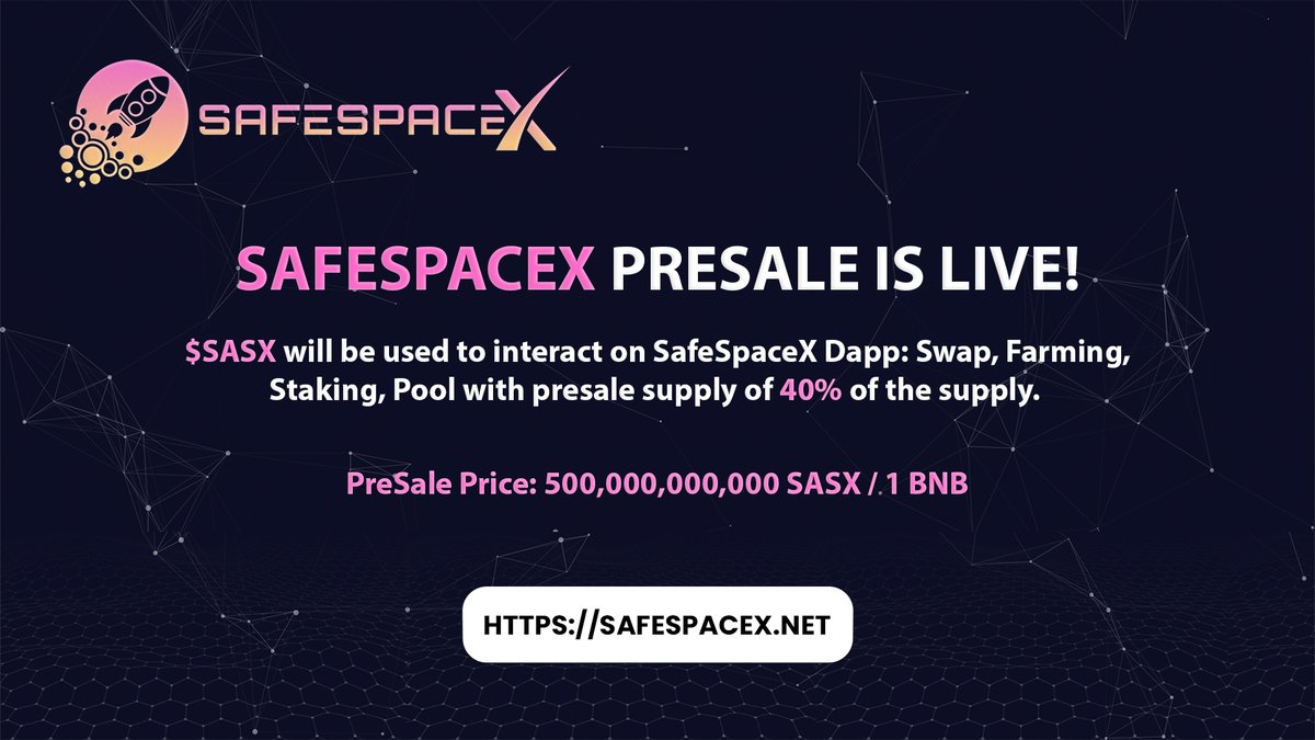 SafeSpaceXNet's tweet image. 🛒 SAFESPACEX PRESALE IS LIVE!

Option 1: Buy Presale directly with Metamask on official website.
Option 2: Buy Presale by transferring BNB (SmartChain) to Presale address with Trust Wallet or another wallet.

SoftCap — 400 BNB
HardCap — 800 BNB

Details: bit.ly/2Sc68Km