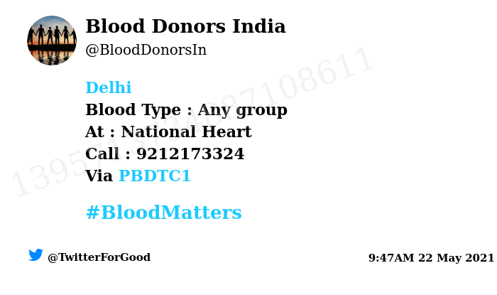 BloodDonorsIn's tweet photo. #Delhi
Need #Blood Type :  Any group
At : National Heart
Blood Component : Need Platelets any group
Number of Units : 1
Primary Number : 9212173324
Via: @PBDTC1
#BloodMatters
Powered by Twitter https://t.co/QzEEkf3C7u