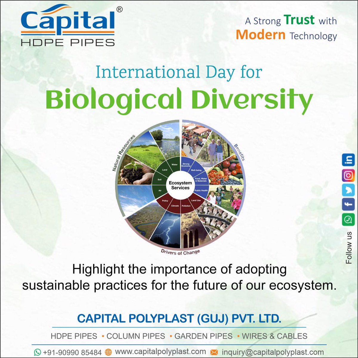 GujCapital's tweet photo. "International Day for Biological Diversity"

#capitalpolyplast #hdpepipe #roundpipe #blackpipe #borewellpipe #undergroundpipe #gardenpipe #flexiblegardenpipe #colourvirginpipe #universalgardenpipe #heavydutygardenpipe #submersibleflatcable #servicecable #twinflatcable https://t.co/WmTbJSpLMA
