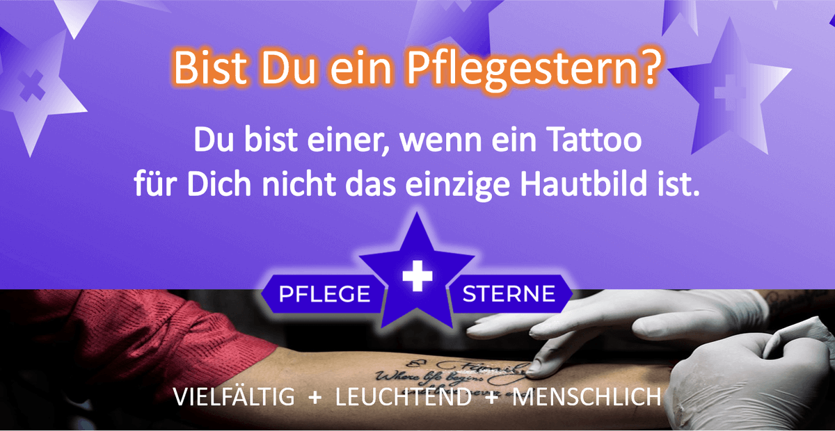 Du bist ein Pflegestern, wenn ein #Tattoo für Dich nicht das einzige Hautbild ist-ob in der medizinischen Versorgung, oder bei der streichelnden Geste, die Haut und Seele berührt.
#VielfältigLeuchtendMenschlich #tagderpflege #pflegesterne #pflege #pflegehelden #pflegefachkräfte
