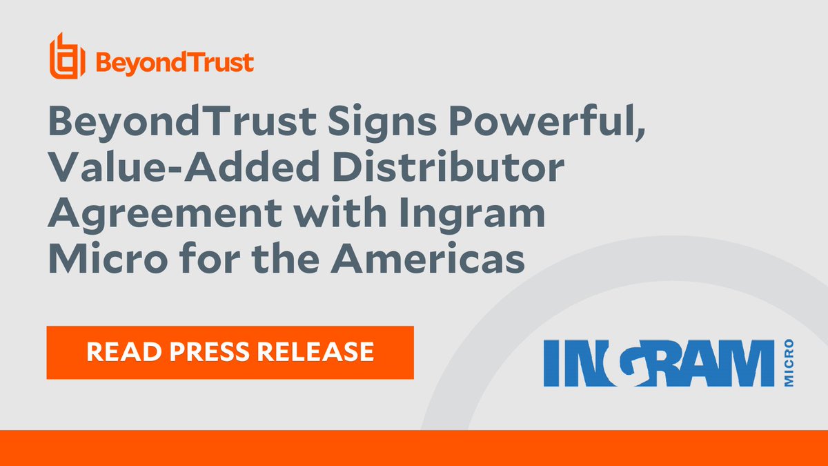 BeyondTrust's tweet image. PRESS RELEASE: BeyondTrust Signs Powerful, Value-Added Distributor Agreement with @IngramMicroInc for the Americas.

Read more about this partnership:
beyondtrust.com/press/beyondtr…

#PAM #Partnerships #BeyondTrust #Cybersecurity #Distributor #RemoteAccess #CloudSecurity