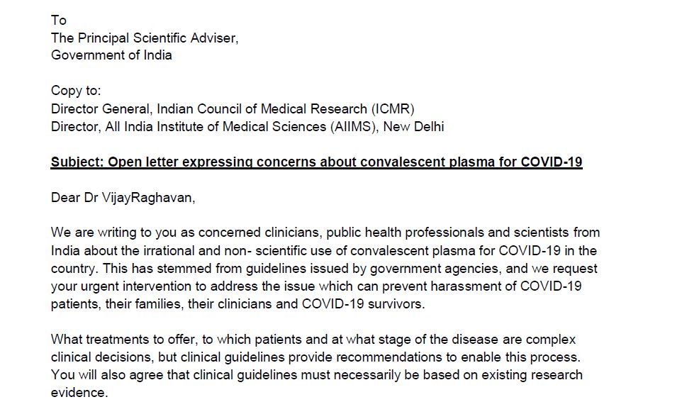 Concerned clinicians, public health professionals & scientists from  have written to the  @PrinSciAdvGoI expressing concerns about  #plasmatherapy for  #COVID19 and asked for issuing evidence-informed guidelines at par with global scientific standards  https://cutt.ly/mbO1nAn 