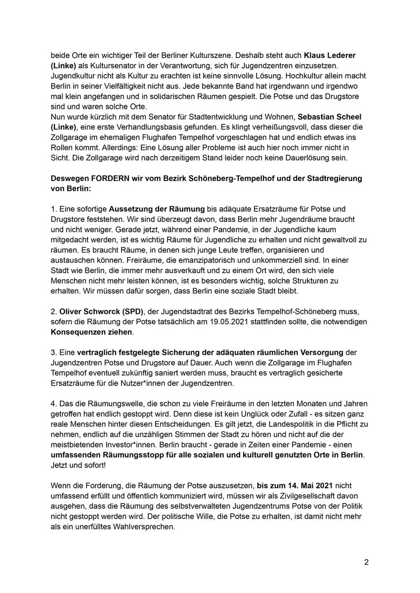 Offener Brief zur Situation der Jugendkultur in Berlin! 
Innerhalb weniger Tage haben 100 Initiativen, Bands und Locations unterschrieben. 
#potsebleibt #drugstorelebt #b1005 #unserfreiraum