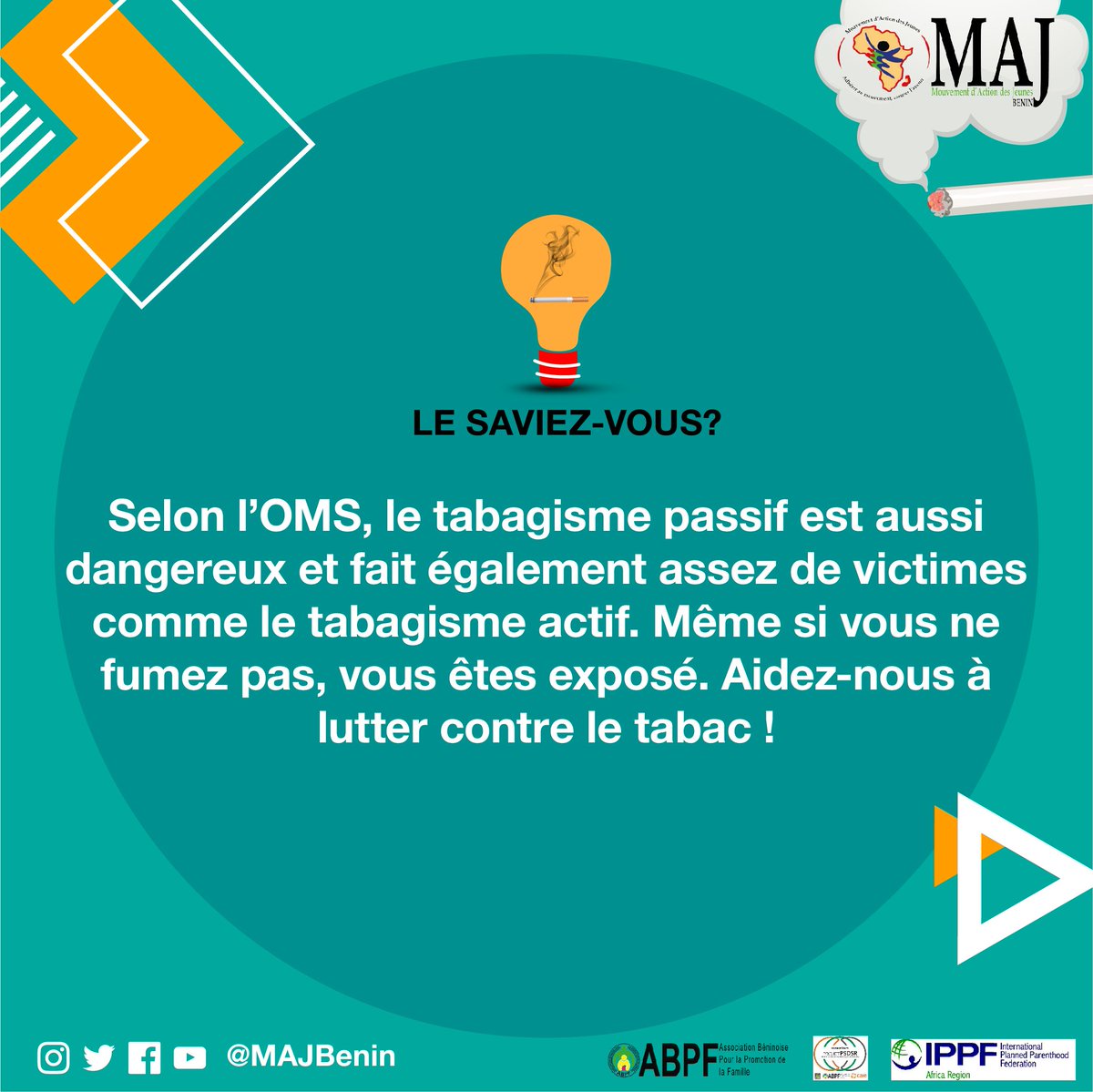 Campagne #11MaiSansTabac 

LE SAVIEZ-VOUS ❓

✍️ [Selon l'<a href="/WHO/">World Health Organization (WHO)</a>, le tabagisme passif est aussi dangereux et fait également assez de victimes comme le tabagisme actif. Même si vous ne fumez pas, vous êtes exposé. Aidez-nous à lutter contre le tabac !]

Partagez pour sauver !
#VBG