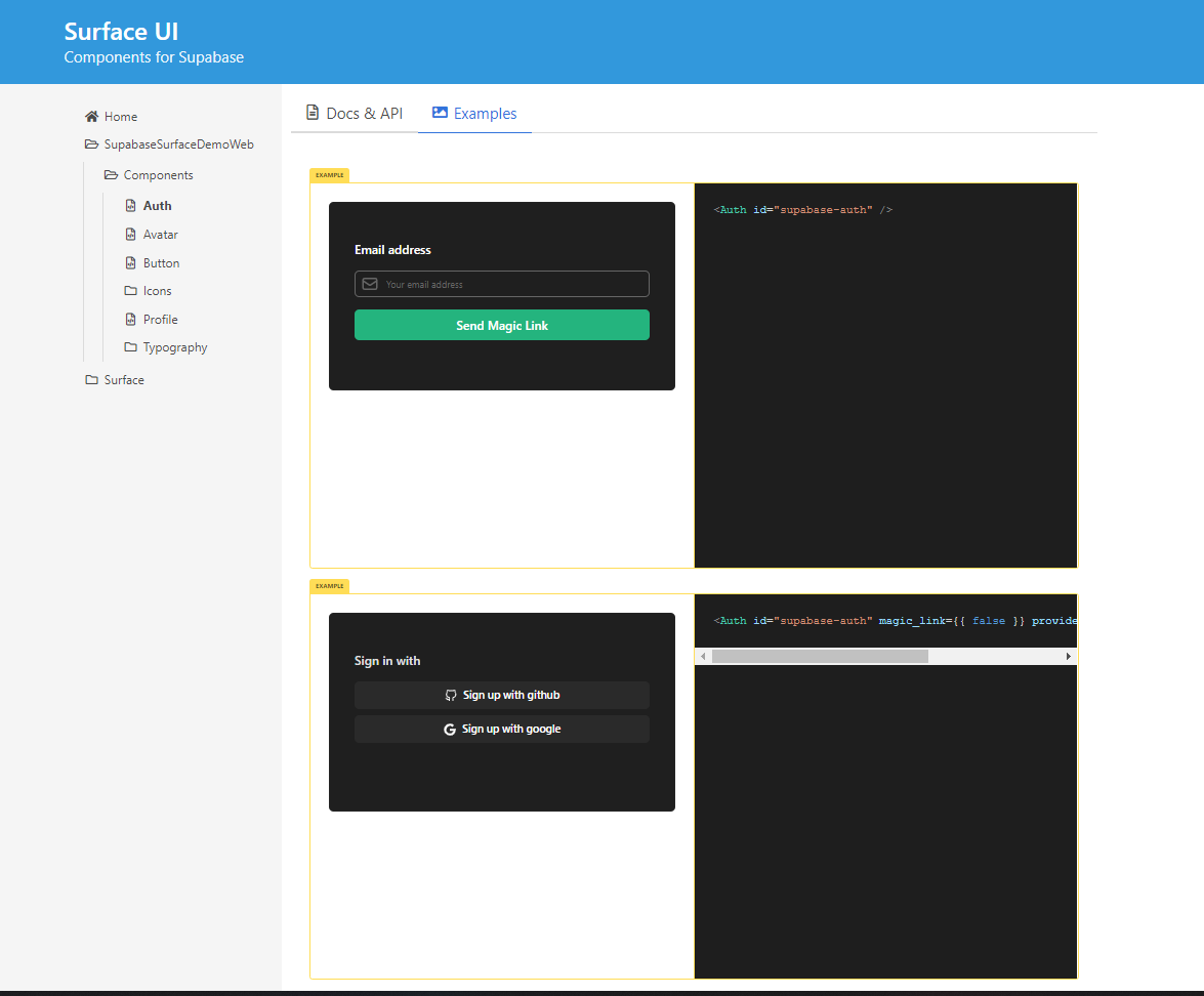 Patrick Mühlbauer (@tmuxbee) on Twitter photo Damn, Surface  by <a href="/MarlusSaraiva/">Marlus Saraiva</a>  is awesome! Makes working with <a href="/elixirphoenix/">Phoenix Framework</a> even more fun :D
Creating some reusable components that handle auth and other things for <a href="/supabase_io/">Supabase (moved to @supabase)</a>, now with nice documentation including examples thanks to Surface Catalogue!
#MyElixirStatus Damn, Surface  by <a href="/MarlusSaraiva/">Marlus Saraiva</a>  is awesome! Makes working with <a href="/elixirphoenix/">Phoenix Framework</a> even more fun :D
Creating some reusable components that handle auth and other things for <a href="/supabase_io/">Supabase (moved to @supabase)</a>, now with nice documentation including examples thanks to Surface Catalogue!
#MyElixirStatus